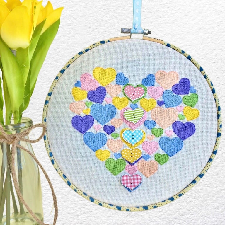 Hearts: Embroidery Hooped Decoration 20cm (8”) ready to hang