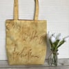 SALE, Golden yellow tote bag with unusual handwriting pattern in red
