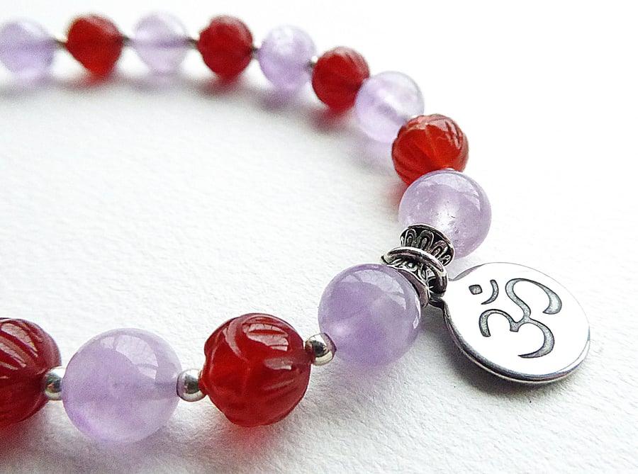 Amethyst and Carved Lotus Flower Carnelian Bracelet with Om Charm