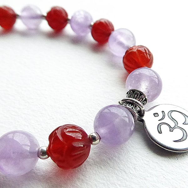 Amethyst and Carved Lotus Flower Carnelian Bracelet with Om Charm