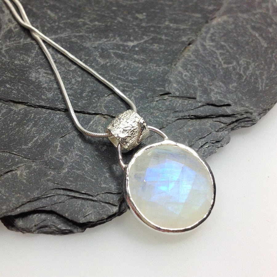 Sterling silver rainbow moonstone pendant and chain, full moon necklace