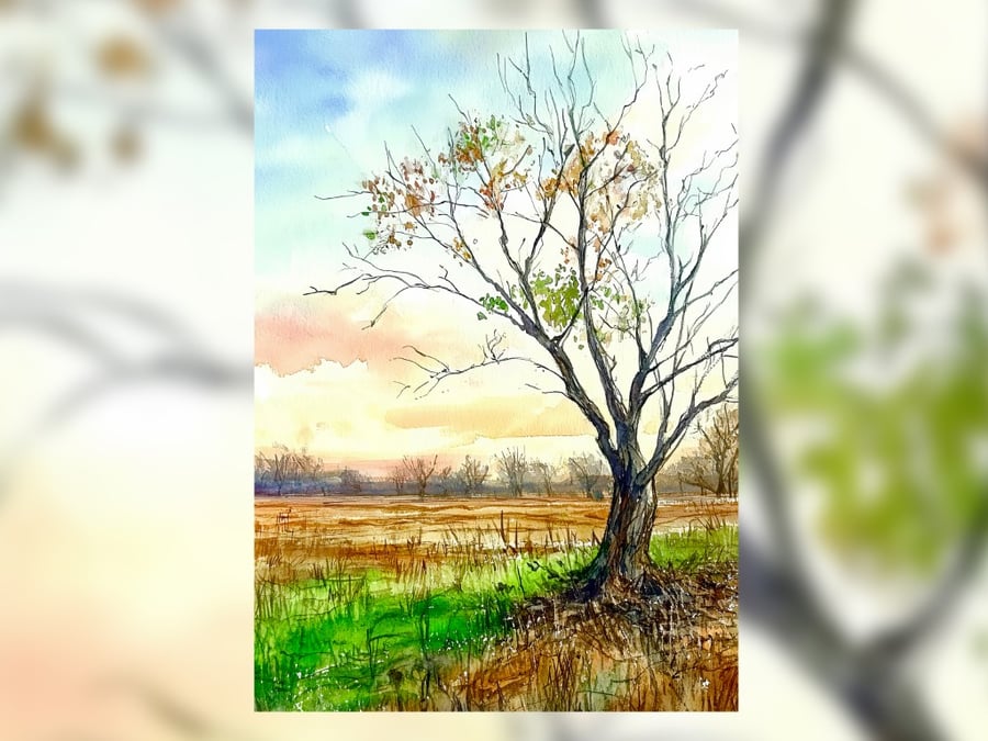 Autumn Tree in Open Field Watercolor 5" x 7" Matte Print
