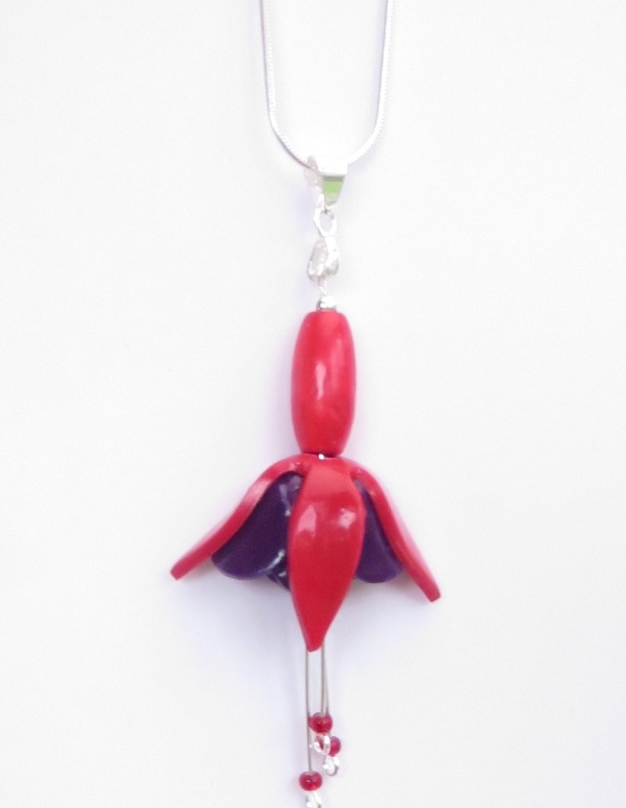 Fuchsia Flower Pendant, Red & Purple, on sterling silver chain
