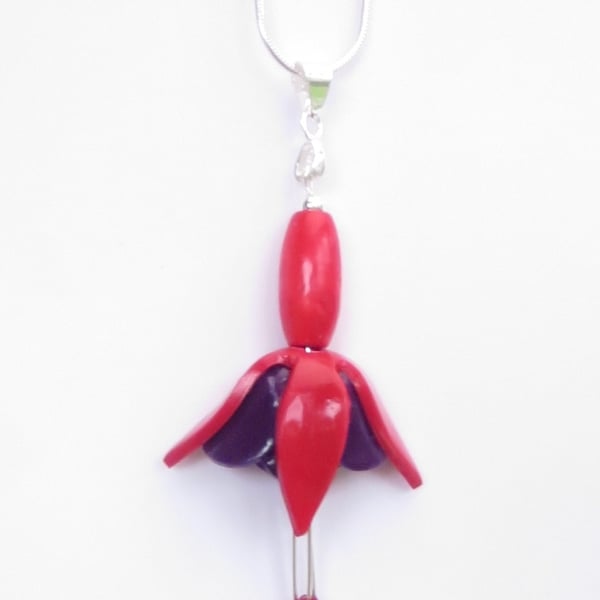 Fuchsia Flower Pendant, Red & Purple, on sterling silver chain