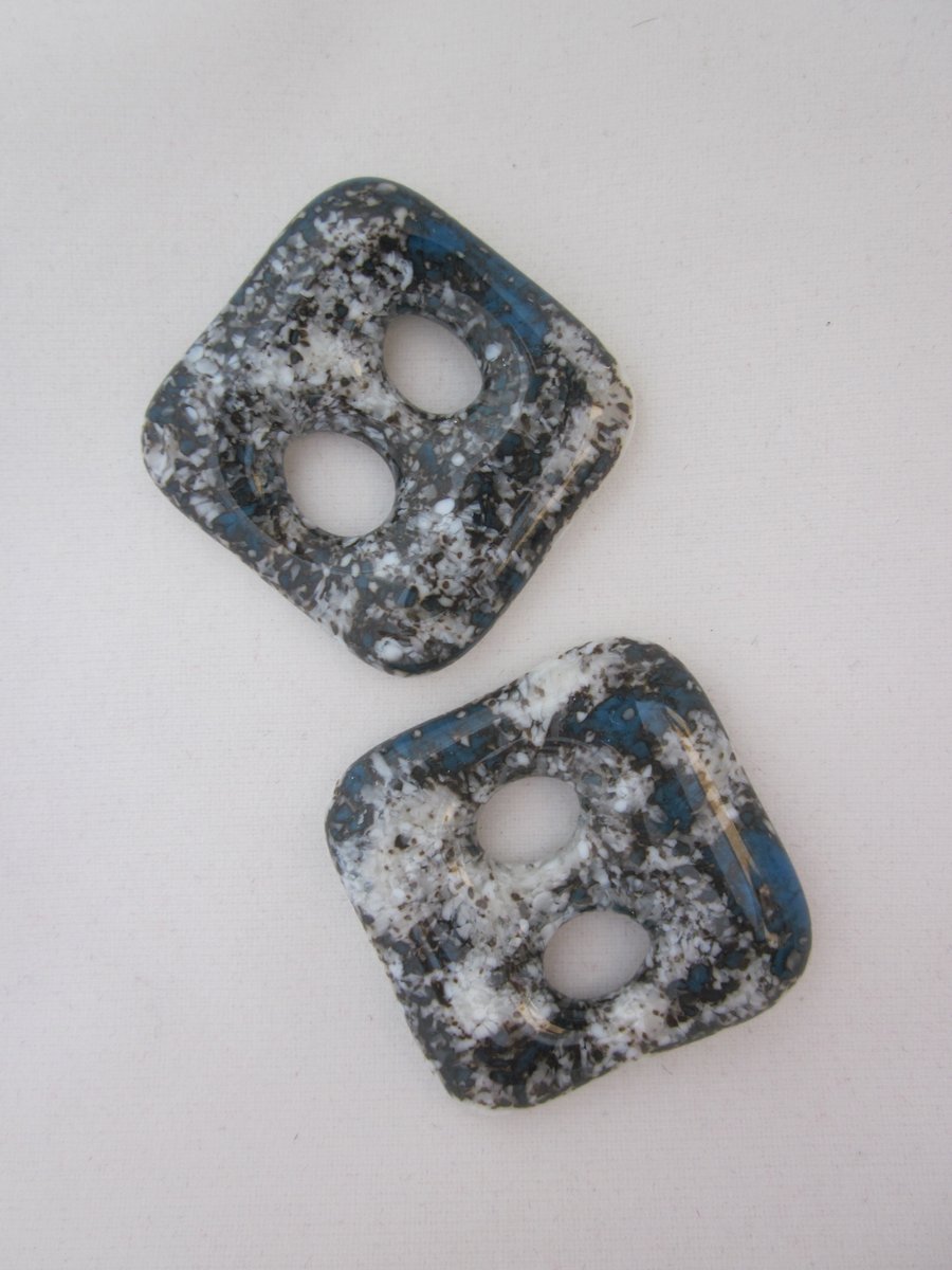 Handmade pair of cast glass buttons - Square deep blue marble