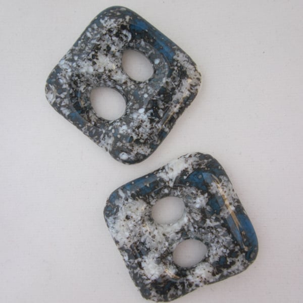 Handmade pair of cast glass buttons - Square deep blue marble
