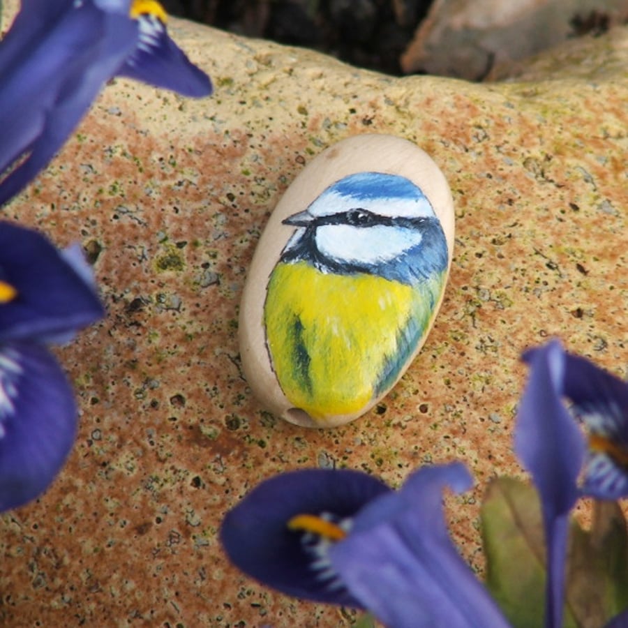 Hand painted wooden focal bead - Blue Tit, 35 x 20mm