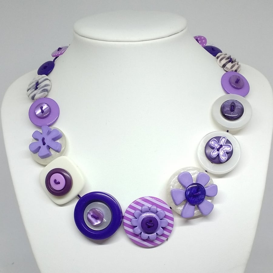 Purple and White Fancy Button Necklace