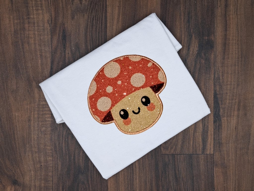 Personalised Embroidered Mushroom Kids T-Shirt - Sparkly Toadstool Custom Name T