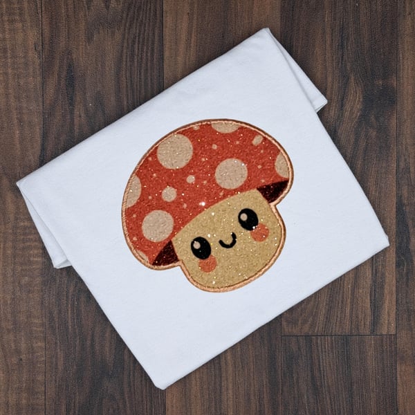 Personalised Embroidered Mushroom Kids T-Shirt - Sparkly Toadstool Custom Name T