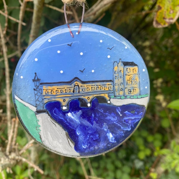 Fused Glass Hand painted Landmark Bauble, Putney Bridge Bath