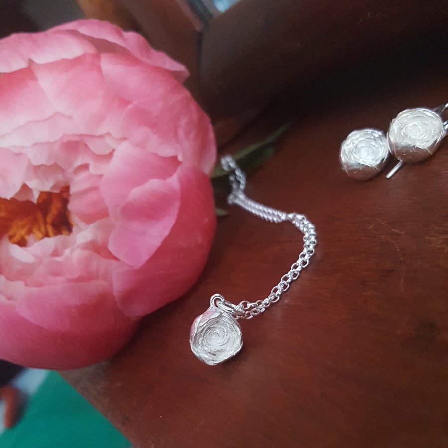 Peony Necklace, Silver Flower Pendant Necklace, Botanical Jewellery