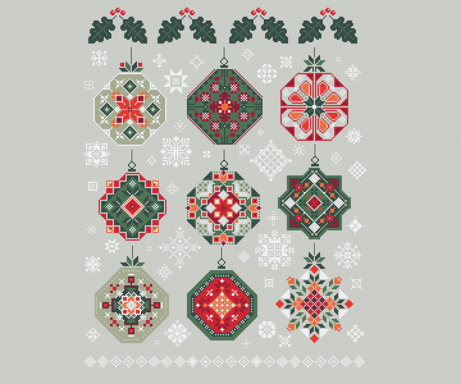 063 - Cross Stitch Christmas Tree Baubles with Holly and Snowflakes Sampler