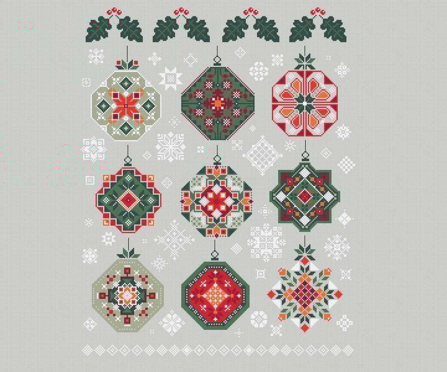 063 - Cross Stitch Christmas Tree Baubles with Holly and Snowflakes Sampler