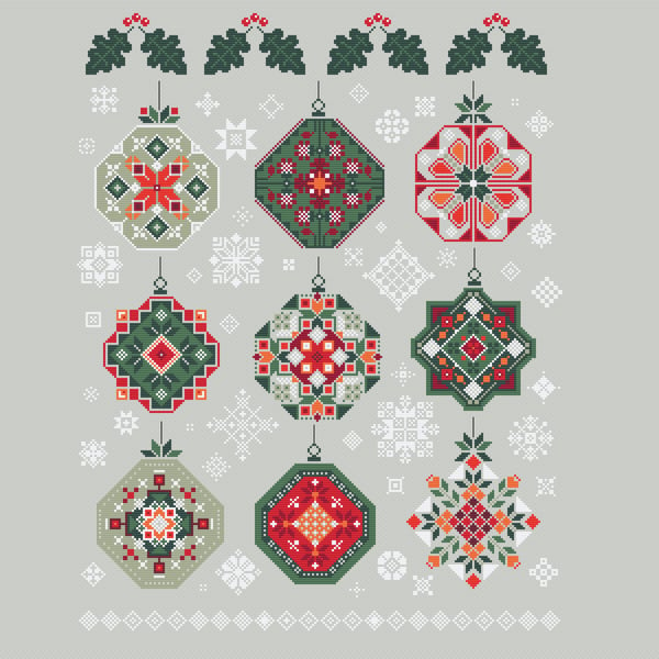 063 - Cross Stitch Christmas Tree Baubles with Holly and Snowflakes Sampler
