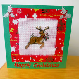 Red nosed reindeer cross stitch Christmas card