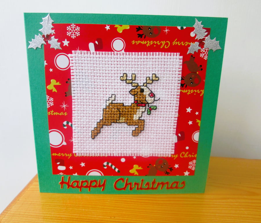 Red nosed reindeer cross stitch Christmas card