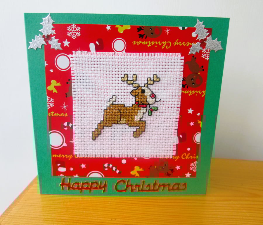 Cute reindeer with mistletoe cross stitch Christmas card