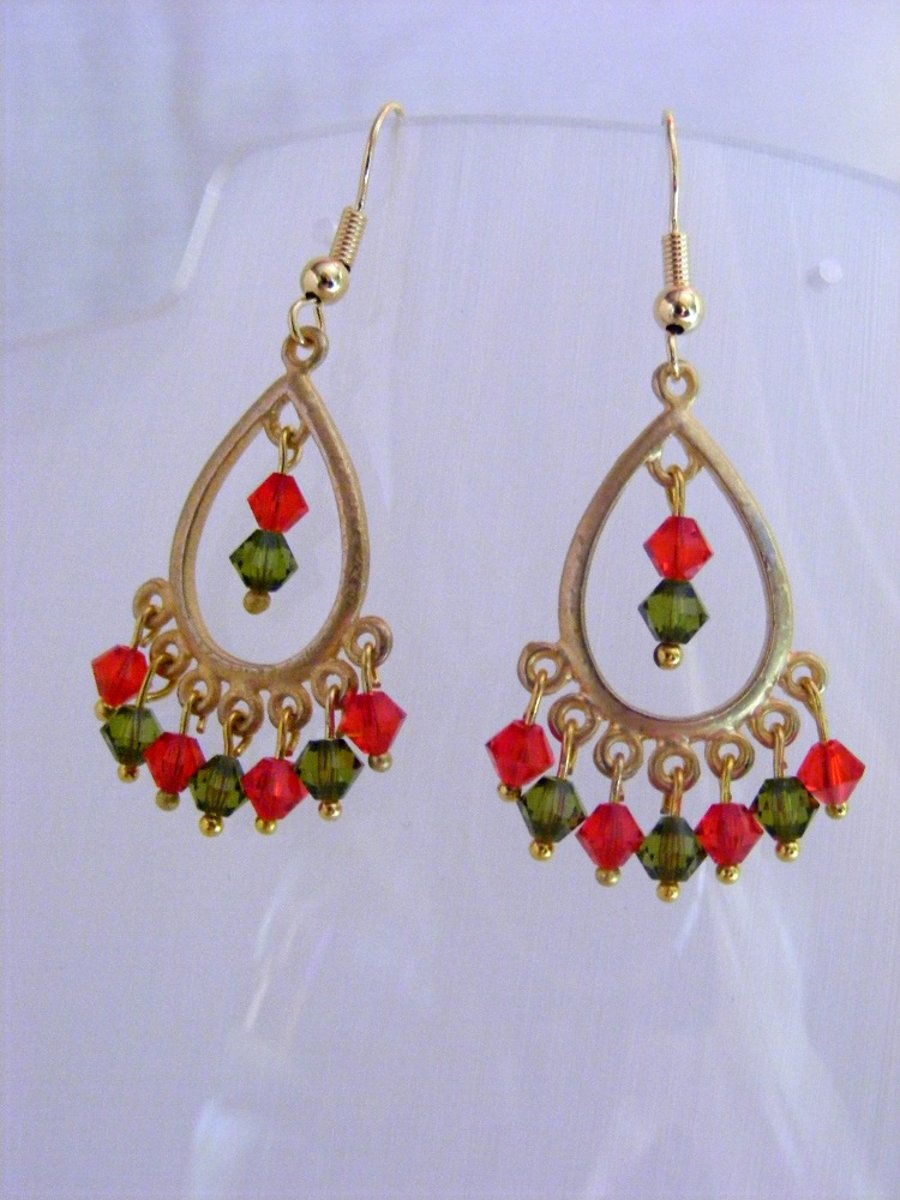 Red and Green Crystal Drop Earrings