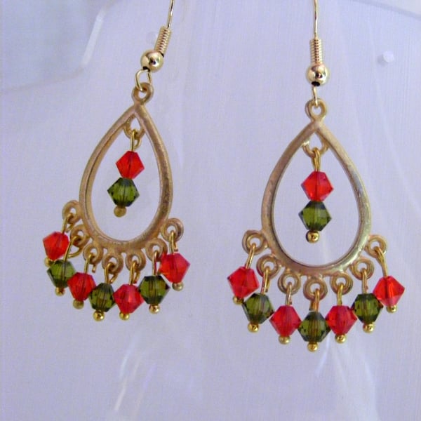 Red and Green Crystal Drop Earrings