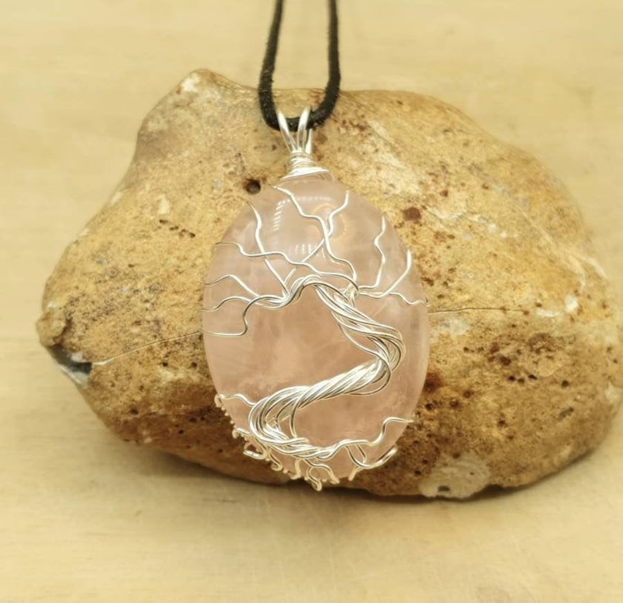 Wire Wrap Rose Quartz tree of life pendant necklace. January birthstone