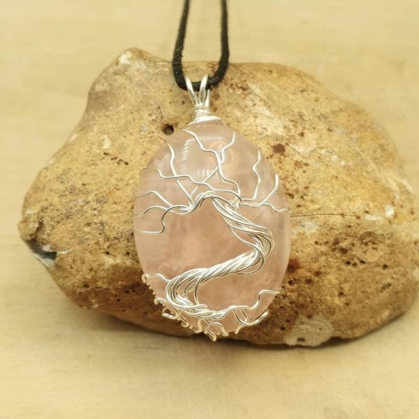 Wire Wrap Rose Quartz tree of life pendant necklace. January birthstone