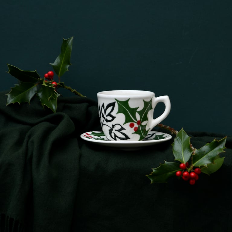 Holly and Ivy Cup and Saucer - Hand Painted