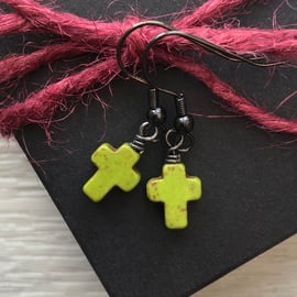 Olive Green Howlite Cross Earrings. Black Brass Earrings