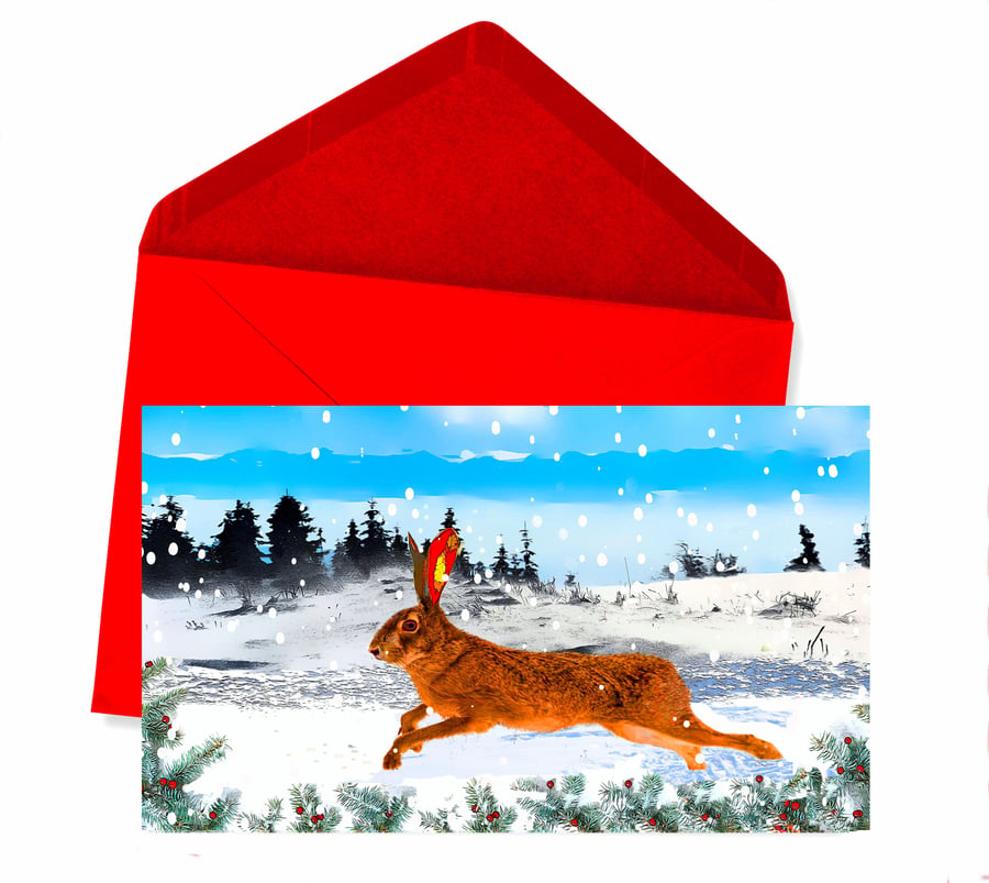 Larger Christmas Card - Hare Snow Scene 