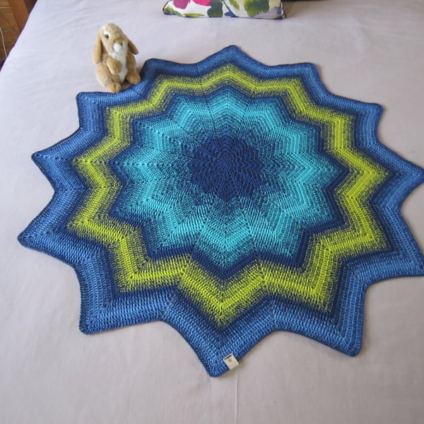 Crochet Baby Blanket in Navy, Blue, Line and Turquoise, Gender Neutral, New Baby