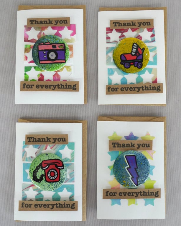 4 x Badges, 80s Badges, Badge Cards, Thank You Cards, Keepsake Cards