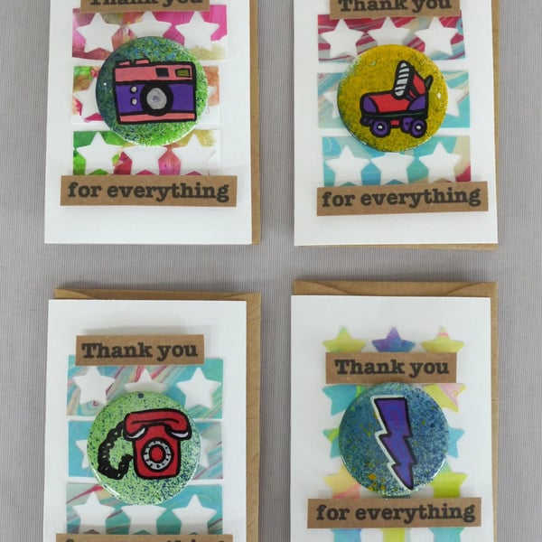 4 x Badges, 80s Badges, Badge Cards, Thank You Cards, Keepsake Cards