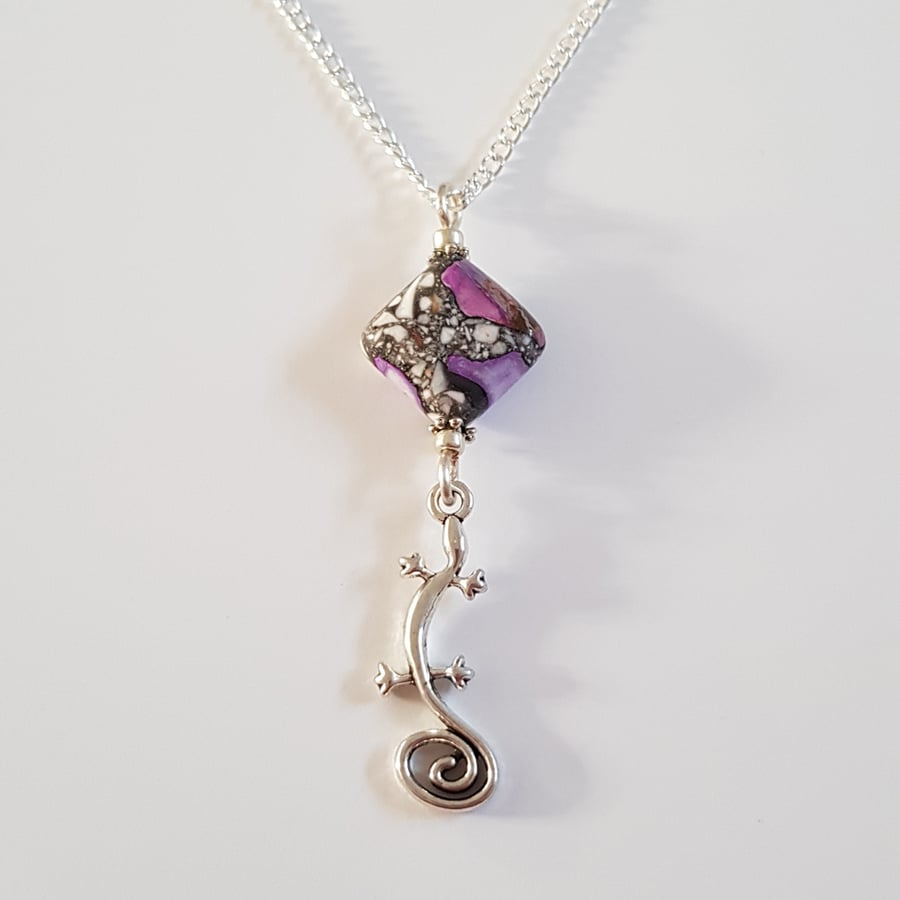 Image of Brecciated Mookaite Necklace - Lilac Gemstone and Gecko Pendant