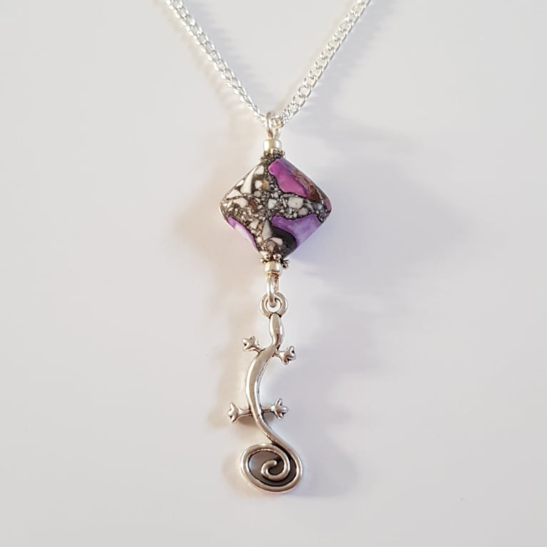 Brecciated Mookaite Necklace - Lilac Gemstone and Gecko Pendant