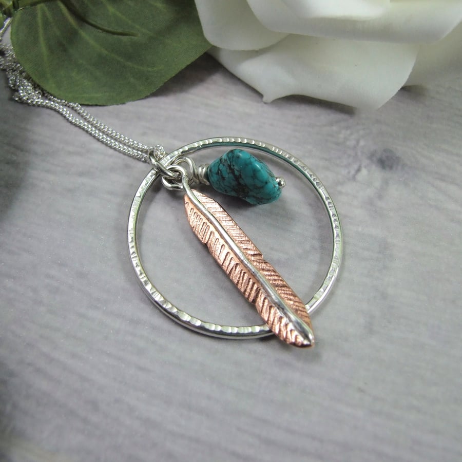 Dream Catcher Necklace, Sterling Silver & Turquoise with Copper Feather Pendant