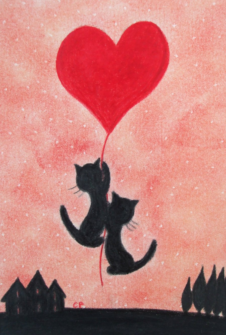 Cat Heart Card, Anniversary Art Card, Two Black Cats Love Card, Engagement