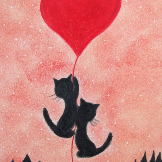 Cat Heart Card, Anniversary Art Card, Two Black Cats Love Card, Engagement