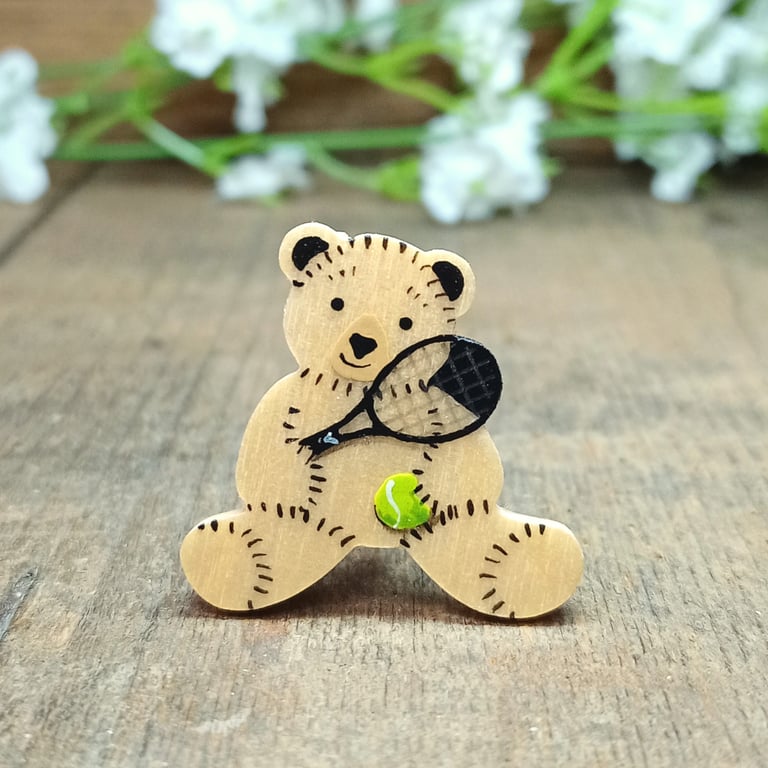 Tennis, Handmade Tennis Player Bear Pin, Personalised Tennis Champion Gift