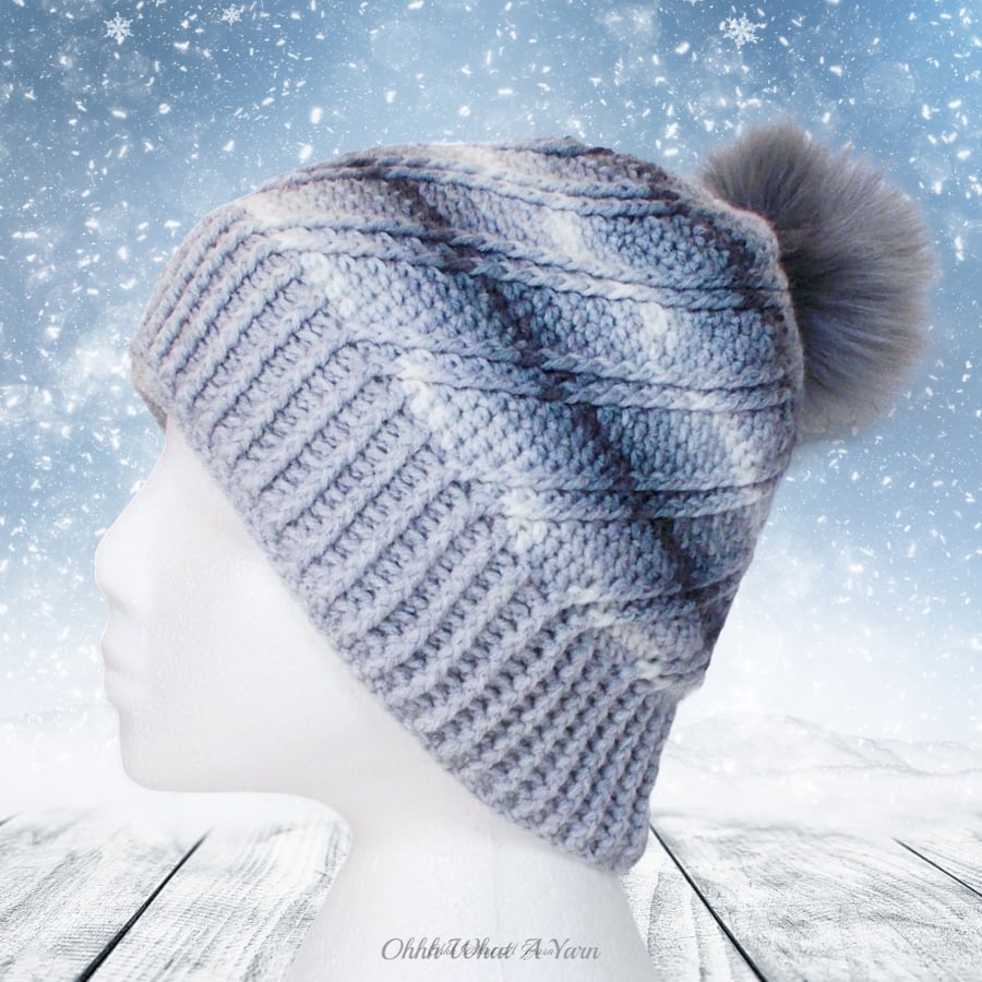 Crochet hat, beanie. Grey and white ombre ladies swirl pom pom hat. Ladies hat.