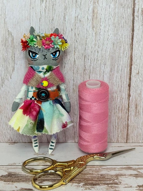 Frida Kahlo inspired Miniature Grey Cat Art Doll