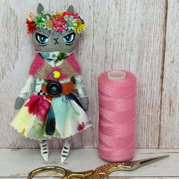 Frida Kahlo inspired Miniature Grey Cat Art Doll