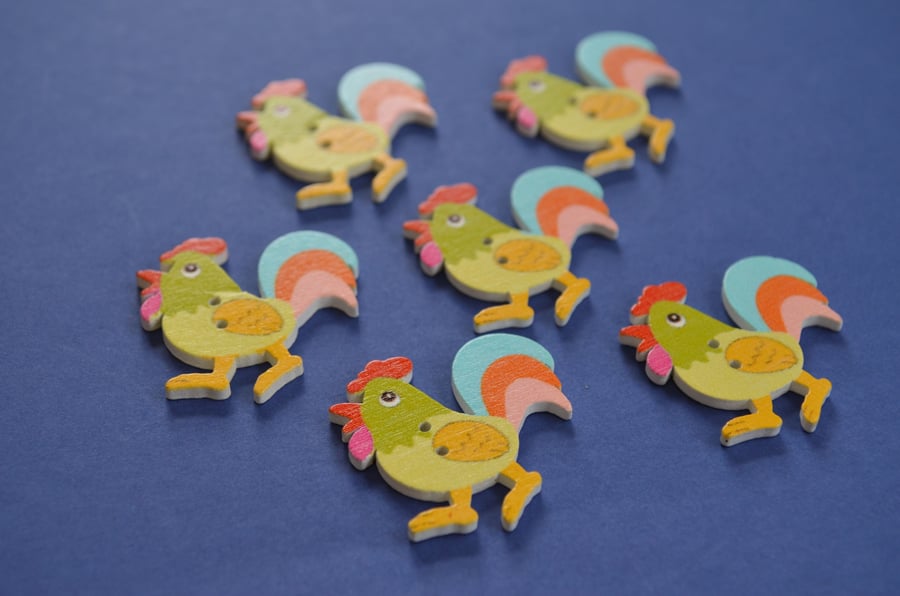 Wooden Cockerel Buttons Green Blue Pink 6pk 30x30mm Chicken Hen (CK7)