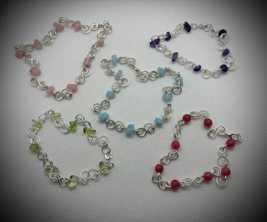 Silver wire and semin-precious stone Infinity bracelets - multiple options