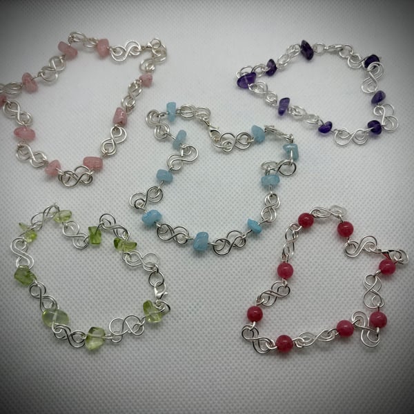 Silver wire and semin-precious stone Infinity bracelets - multiple options