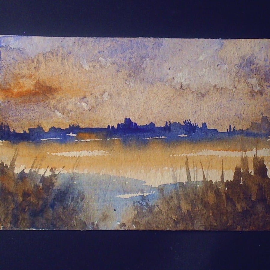 aceo SFA original miniature watercolour painting landscape sunset view 30