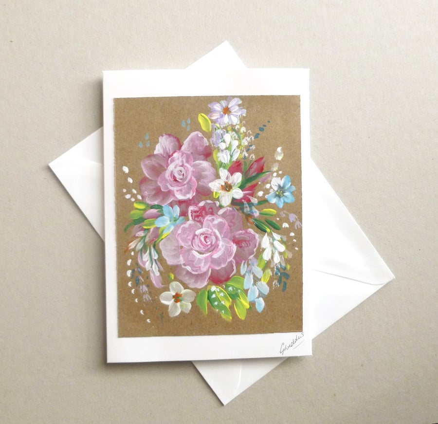 hand painted original art floral blank greetings card ( ref FA78 B2 )