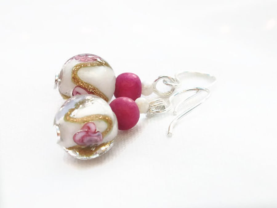 Glass Flower Swirl Beaded Drop Earrings Pink  and Cream Theme