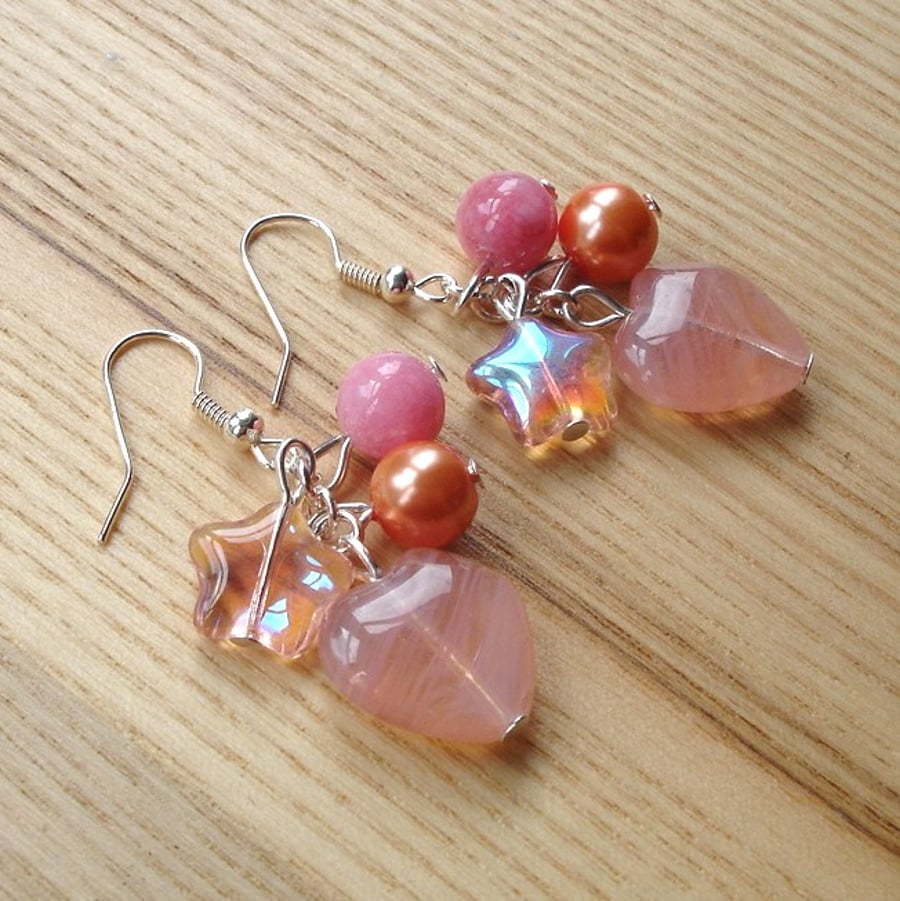 Pink and Peach Heart Glass Bead Cluster Earrings