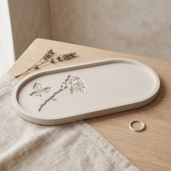 White Large Oval Trinket Tray With Botanical Imprints 