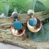 Earrings, Disc Droppers. Sterling Silver & Copper with Blue Enamel Accent